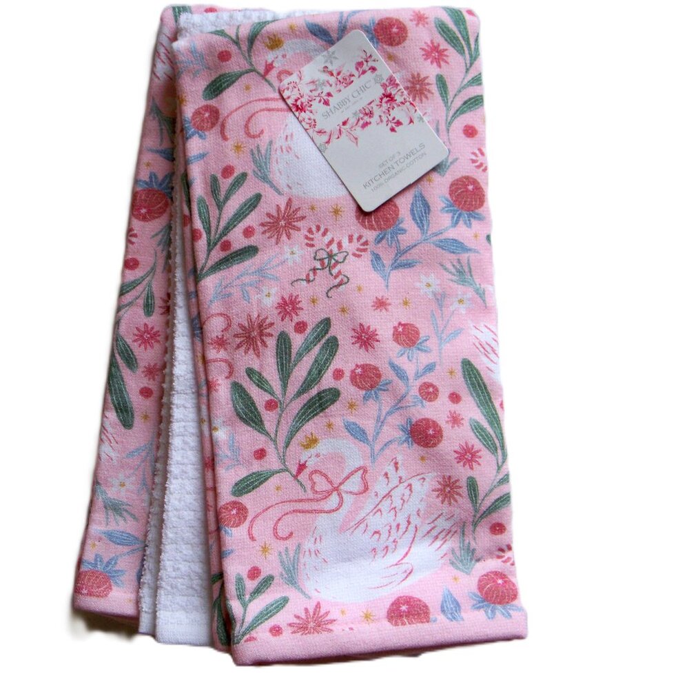 Shabby Chic Set of 3 Kitchen Towels Swan Candy Canes Pink Christmas Cotton NWT
